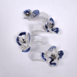 Set Of 4 Handmade Ceramic Blue & White Orchid Napkin Rings Chinoiserie Cottage
